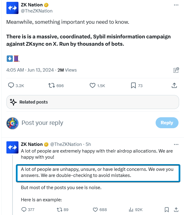 Yes, lot of people are unhappy &amp; They are not BOT 

They are users who working with their diff wallets since 2+ years 

Community don't like to say #zkscam but #zksync wants to hear this.

There are some certain reasons &amp; partialities that users face,,

There are many users who