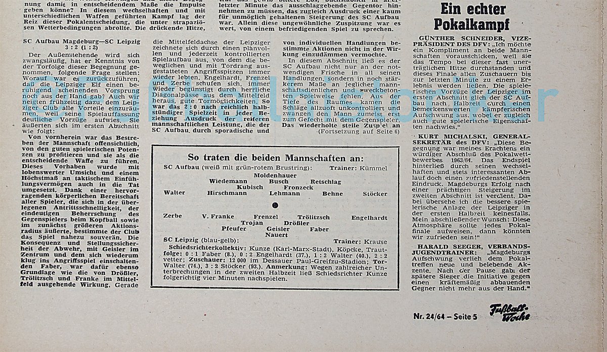 13.06.64 Eine Ära beginnt: <a href="/1_FCM/">Magdeburg Depre II</a> gewinnt in Dessau durch 3:2 gegen <a href="/1fclokleipzig/">1. FC Lok Leipzig</a> erstmals den FDGB-Pokal. Faber und Engelhardt hatten den SCL in Führung geschossen. Aber dann trifft Walter zweimal. Er bereitet auch Stöckers Siegtreffer in letzter Minute vor. #DDRFußballkalender