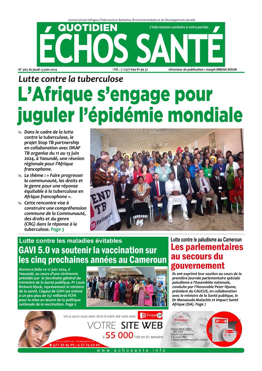 #ÉchosSanté N°965 du jeudi 13 juin 2024

L' #Afrique s'engage pour juguler l'épidémie mondiale de #tuberculose
<a href="/gavi/">Gavi, the Vaccine Alliance</a> 5.0 va soutenir la #vaccination sur les cinq prochaines années au #Cameroun

Abonnez-vous dès aujourd'hui pour ne rien manquer de l'#actualité #santé en Afrique