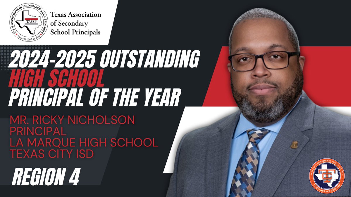 TASSP_Region4's tweet image. Congratulations to Mr. Ricky Nicholson, Principal of La Marque HS in @TexasCityISD, on being named the Region 4 High School Principal of the Year. #TASSP2024 #FirstofAllStudentsFirst @ricgnic  @TASSP1