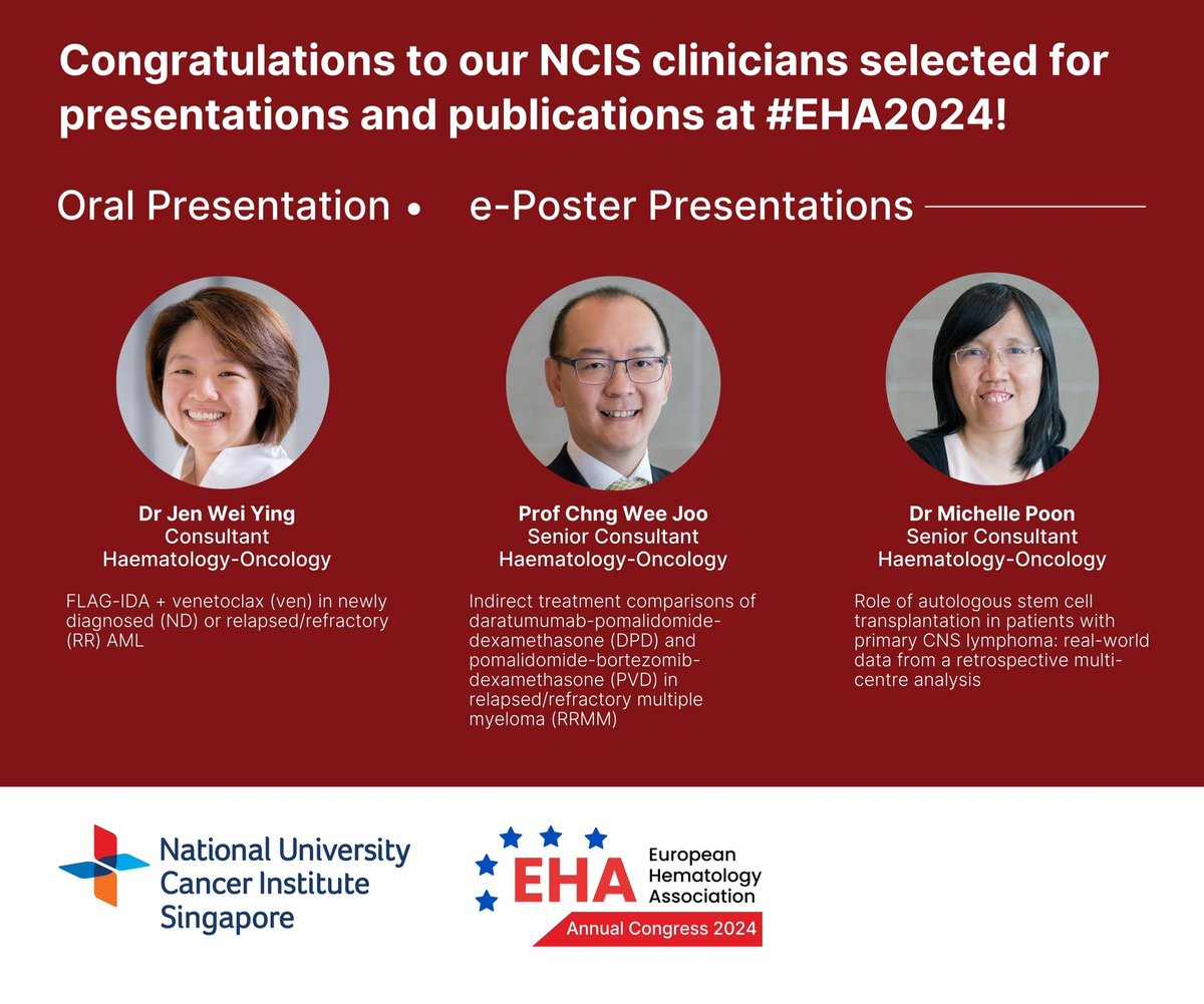 NCIS (@ncis_nuhs) on Twitter photo Well-done to NCIS clinicians Prof <a href="/chngwj/">Chng Wee Joo</a>, Dr <a href="/jenweiying/">Wei Ying Jen</a> and Dr <a href="/michelle_p20106/">Michelle Poon</a> who were selected for presentations at the European Hematology Association Annual Congress #EHA2024! Well-done to NCIS clinicians Prof <a href="/chngwj/">Chng Wee Joo</a>, Dr <a href="/jenweiying/">Wei Ying Jen</a> and Dr <a href="/michelle_p20106/">Michelle Poon</a> who were selected for presentations at the European Hematology Association Annual Congress #EHA2024!