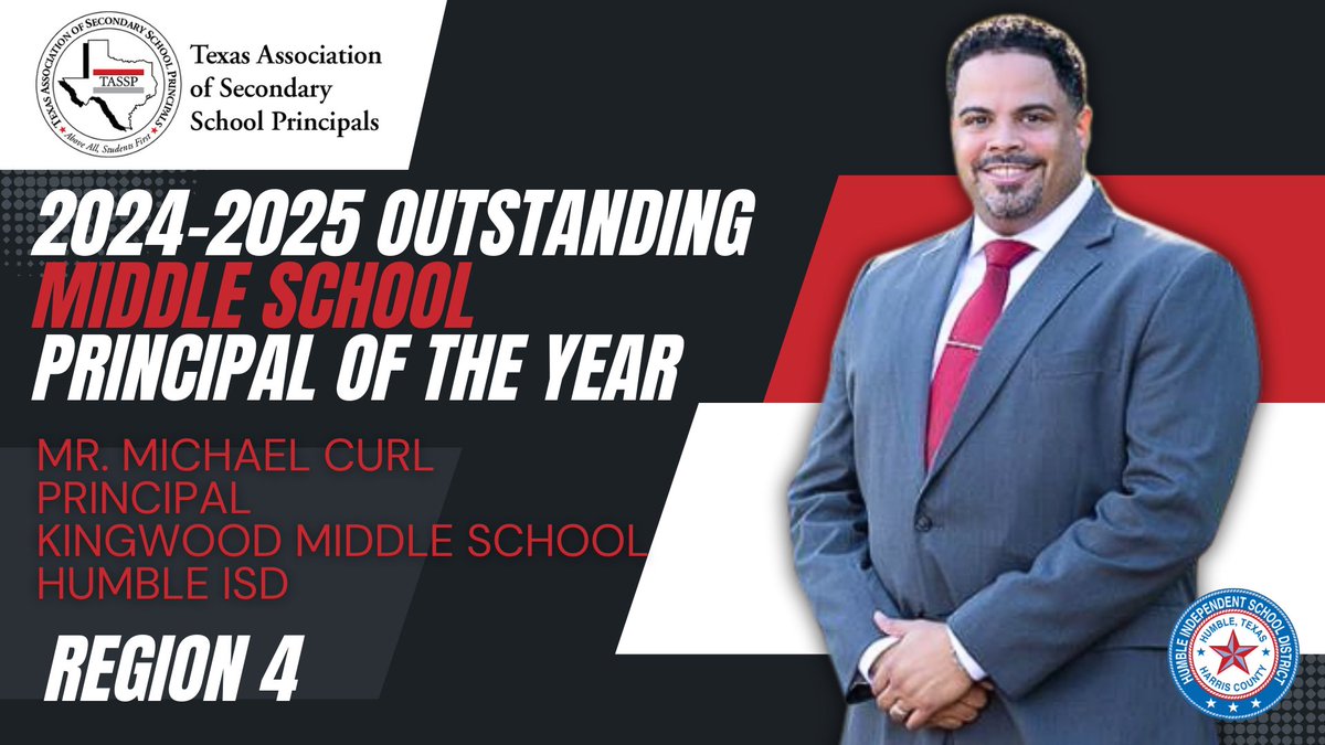 TASSP_Region4's tweet image. Congratulations to Mr. Michael Curl, Principal of Kingwood MS in @HumbleISD, on being named the Region 4 Middle School Principal of the Year. #TASSP2024 #FirstofAllStudentsFirst @HumbleISD_KMS @PrincipalCurl @TASSP1