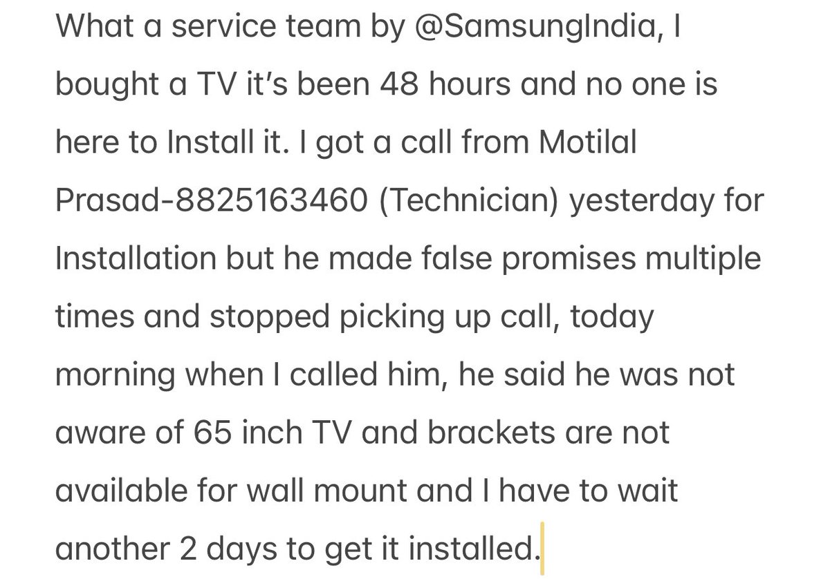 sm11_01's tweet photo. Started regretting just after buying from @SamsungTV @SamsungIndia. Just because of their service in Installation. You have to wait 4 days to get it installed… seriously…!!! Such careless technicians 😡 https://t.co/H1vQlYXqWw