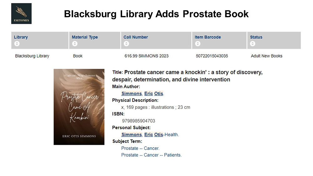 esimmonsauthor's tweet photo. Blacksburg Library Adds Prostate Book: Blacksburg Library, a branch of Montgomery-Floyd Regional Library, has added the paperback version of “Prostate Cancer Came A Knockin’,”... https://t.co/xsxLl1MVgp https://t.co/J5wxm4qZWi