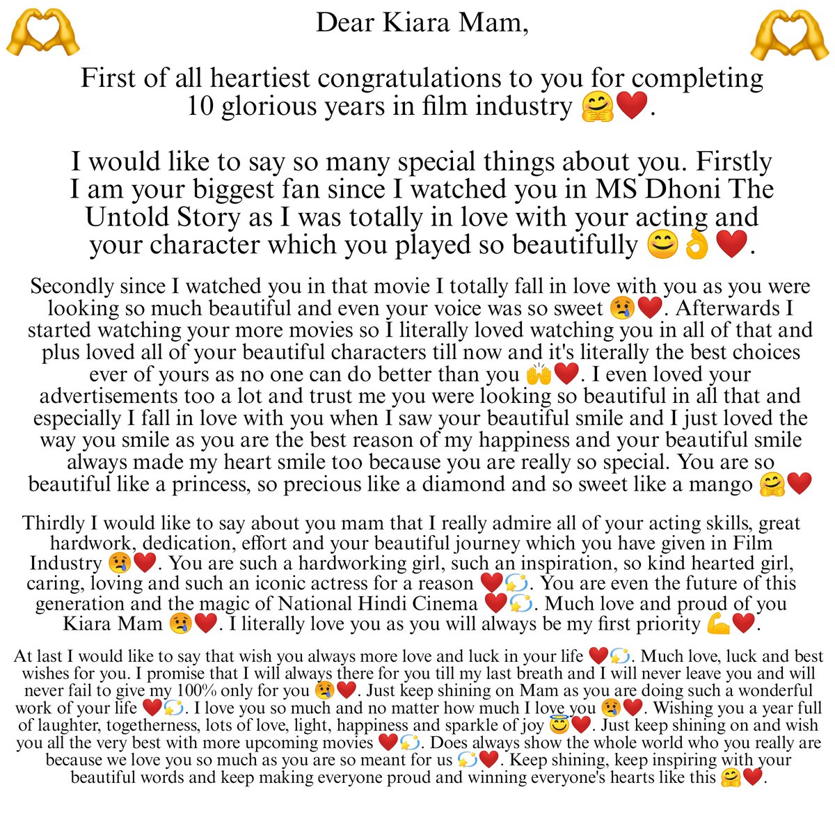 reigns_kingdom's tweet photo. It's a special letters for you related to 10 glorious years of yours in film industry 🥰❤️. Much love and luck for you always ❤️💫. Just keep shining on 💫

Pls do read this mam as you have always my whole heart 🥹.

@advani_kiara #KiaraAdvani

#10YearsOfKiaraAdvani 🫶🫶🫶🫶 https://t.co/CvmUUYuv6F