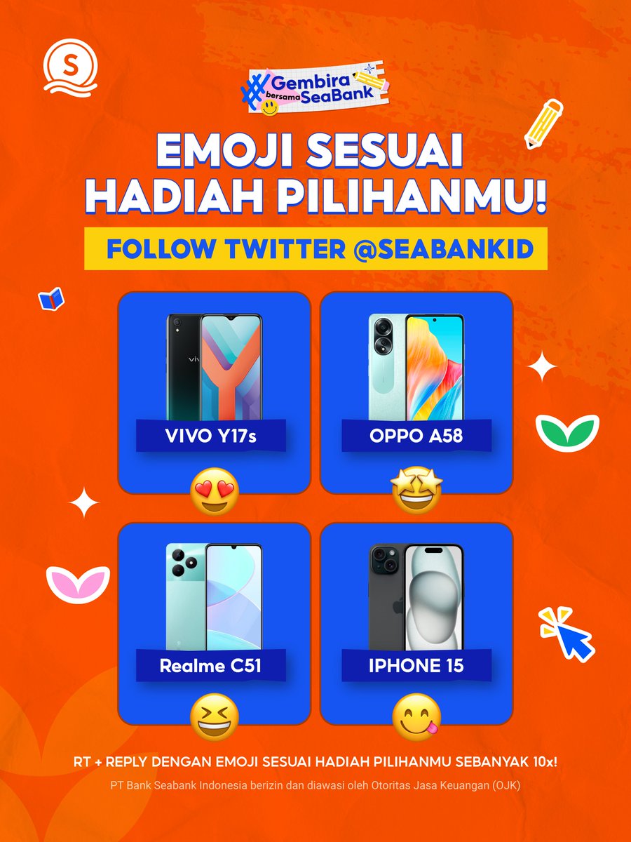 SeaBankID's tweet photo. 😍EMOJI SESUAI HADIAH PILIHANMU!🤩

Yuk, REPLY emoji sesuai hadiah pilihan kamu sebanyak 10x!😆

Kemudian FOLLOW Twitter SeaBank untuk menangin HADIAHNYA!😋 https://t.co/wuxhZjbkNi
