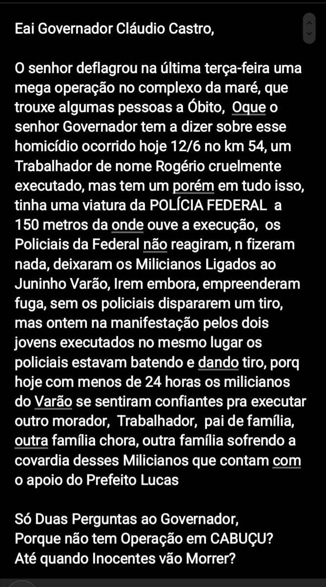 Outro morador executado por milicianos do #juninho #varao. Dessa vez próximo a viatura da polícia federal e ninguém fez nada. Até quando esse monstro vai tira vidas e ninguém vai fazer nada <a href="/babadofamososrj/">BABADO DOS FAMOSOS RJ</a> <a href="/camisasrj33/">Central Das Favelas Rj 🇧🇷</a> <a href="/camisasrj33/">Central Das Favelas Rj 🇧🇷</a> <a href="/PCERJ/">Polícia Civil RJ</a> <a href="/policiafederal/">Polícia Federal</a> <a href="/draco_ie/">DRACO-IE OFICIAL</a> <a href="/tinojunior/">Tino Junior</a>