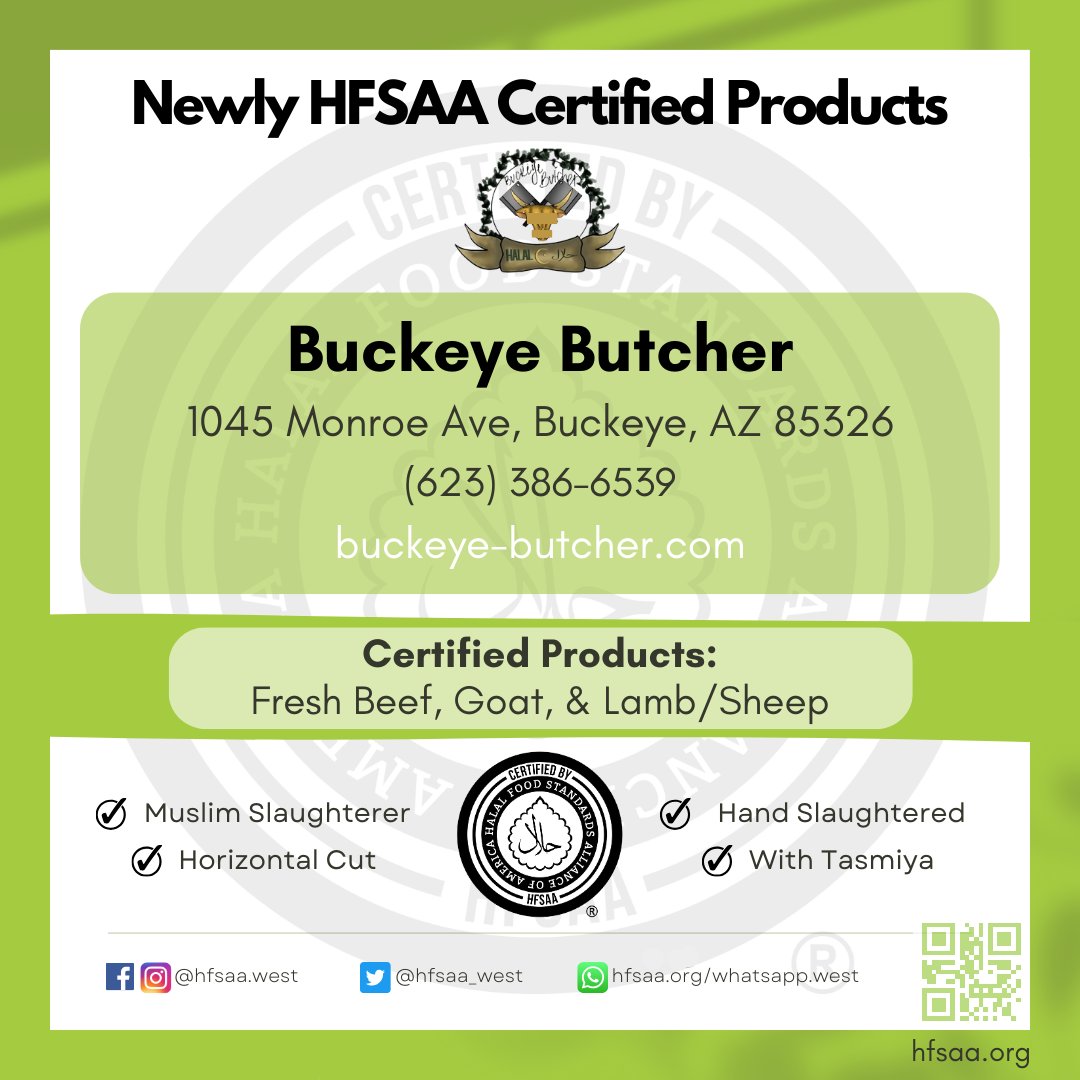 HFSAA_West's tweet photo. Newly HFSAA Certified Products!
Buckeye Butcher
1045 Monroe Ave, Buckeye, AZ 85326
(623) 386-6539
https://t.co/tlAlnT1AEk
Please Support Our Certified Outlets!
https://t.co/iPgM661EAL
https://t.co/9qEk8voP3r
https://t.co/Zhlk7mHStC
https://t.co/6dgMVHDufs
#Halal #HFSAA https://t.co/YuUFZTcYG2