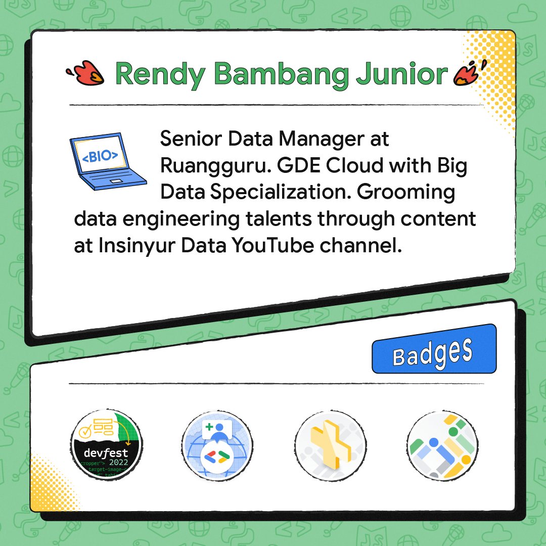 GoogleCloud_ID's tweet image. Kenalan yuk sama @rendybjunior, #GoogleDeveloperExpert dan Innovator Champion dari 🇮🇩 yang punya spesialisasi di big data. Rendy aktif berbagi ilmu & tips di YouTube untuk sesama data engineer, lho!
Mau jadi innovator seperti Rendy? Bergabung di sini → goo.gle/3zaQTGQ