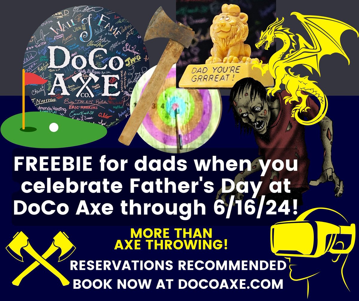 DoCoAxe's tweet photo. Freebie for dads when you celebrate Father's Day at DoCo Axe through 6/16/24!!!  Book at https://t.co/E5ypTwdJe4 🤙🪓💛 https://t.co/58St3aJgJH