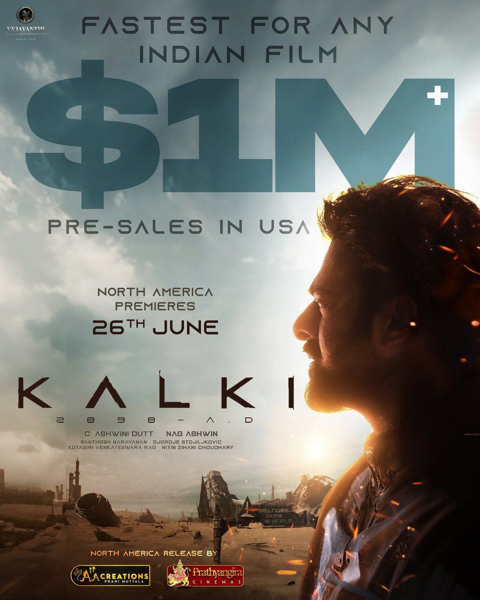 Ram99media's tweet photo. #Kalki2898AD North America gross hits Fastest $1 MILLION+ Premieries Pre Sales

#Prabhas #AmitabhBachchan #KamalHaasan #NagAshwin #DeepikaPadukone #DishaPatani #Ram99Media https://t.co/dWOzqRnQhC