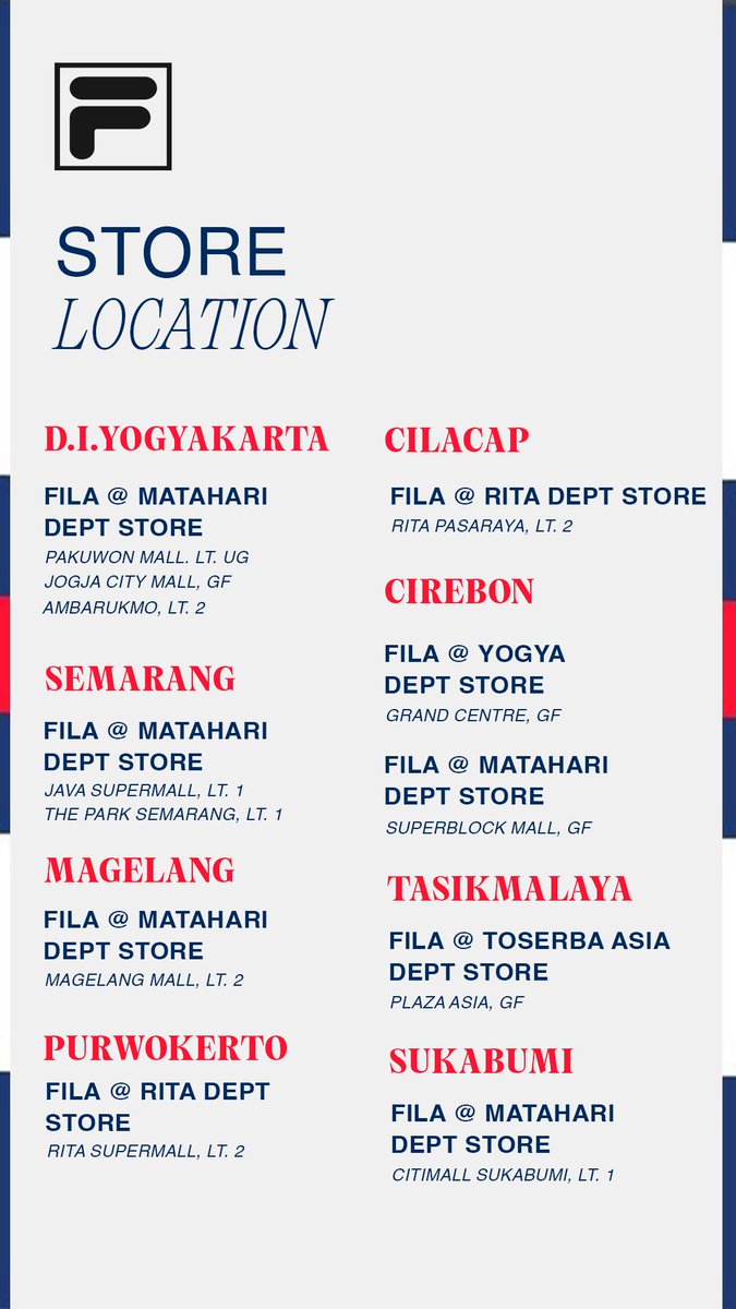 FILAIndonesia's tweet photo. Since lots of our beloved customers ask where the location of FILA store. Here's some information about it.

So, we'll waiting you to come and shop!🫶🛒 https://t.co/CnCTLheeAP