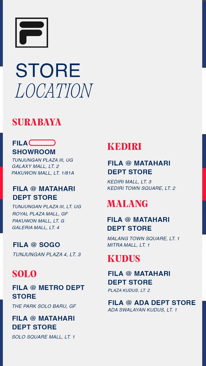 FILAIndonesia's tweet photo. Since lots of our beloved customers ask where the location of FILA store. Here's some information about it.

So, we'll waiting you to come and shop!🫶🛒 https://t.co/CnCTLheeAP