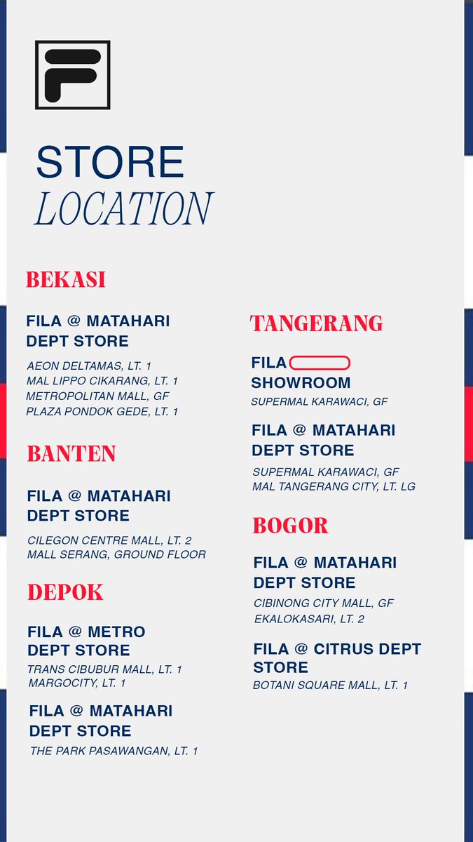 FILAIndonesia's tweet photo. Since lots of our beloved customers ask where the location of FILA store. Here's some information about it.

So, we'll waiting you to come and shop!🫶🛒 https://t.co/CnCTLheeAP