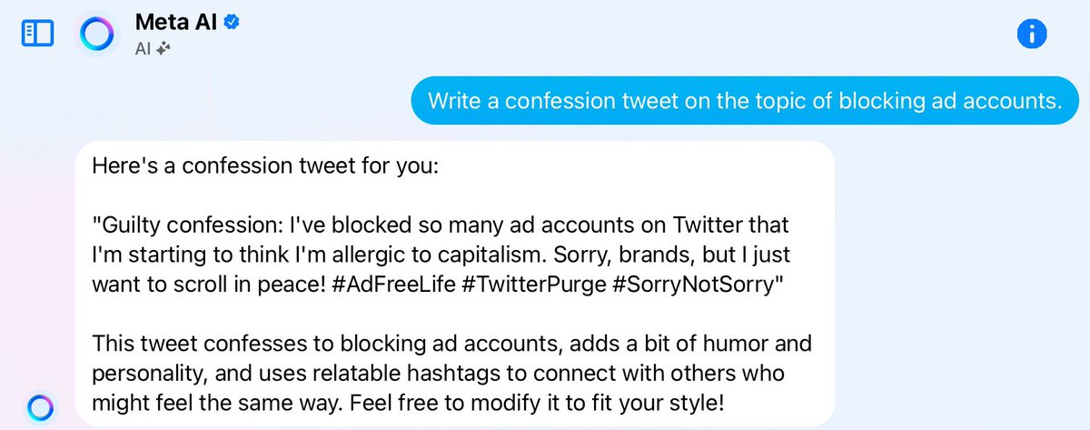 Tom_Ruen's tweet image. Here's how a bot might try to generate more engagement.
———-
Guilty confession: I've blocked so many ad accounts on Twitter that I'm starting to think I'm allergic to capitalism. Sorry, brands, but I just want to scroll in peace! 
#AdFreeLife #TwitterPurge #SorryNotSorry