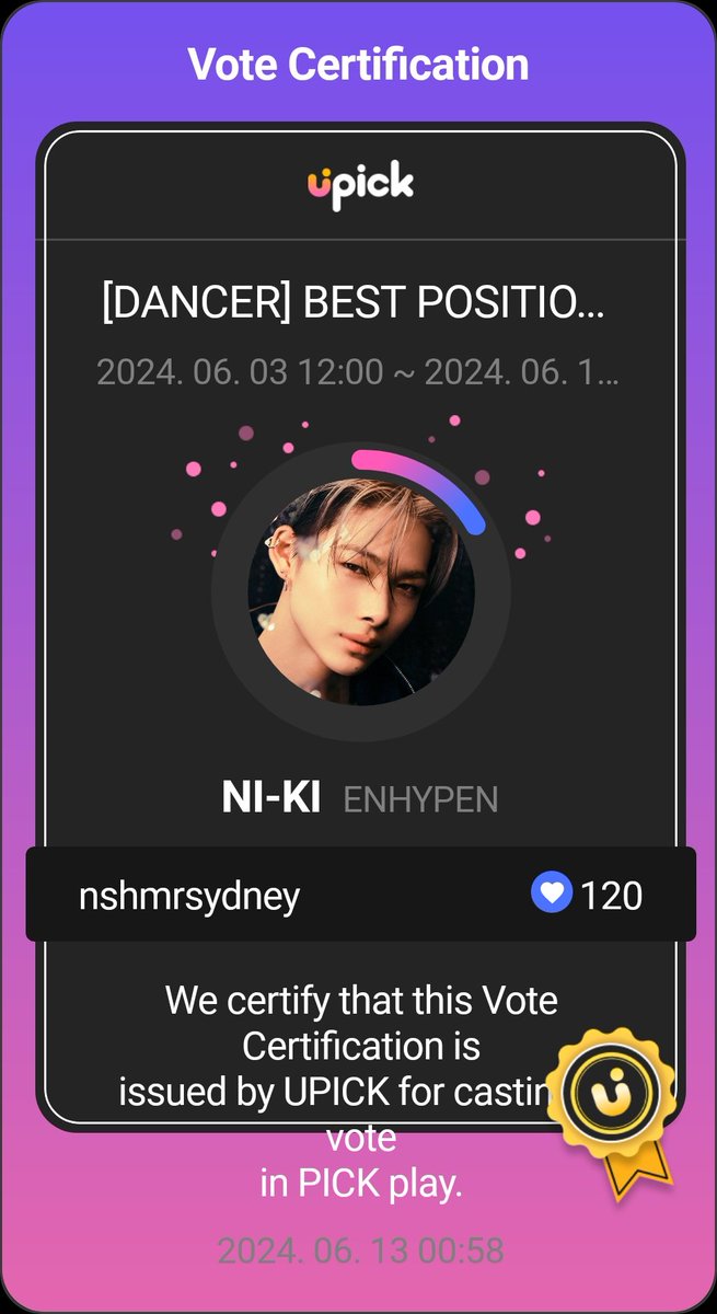 061324 [12:49 PM]

» cast a total of 120 blue jams on “[DANCER] BEST POSITION AWARDS” voting poll on UPICK! [VOTED FOR #ENHYPEN_NI_KI]