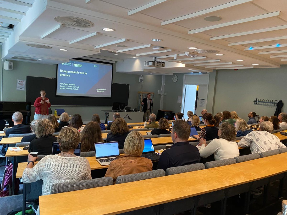 MonashQLab's tweet image. Recently @mark_rickinson delivered an interactive workshop @OsloMet on 'Using research well in practice' to 50 school leaders/teachers, system leaders from municipalities and university researchers. #UsingResearch #ResearchUseInAction #QURE