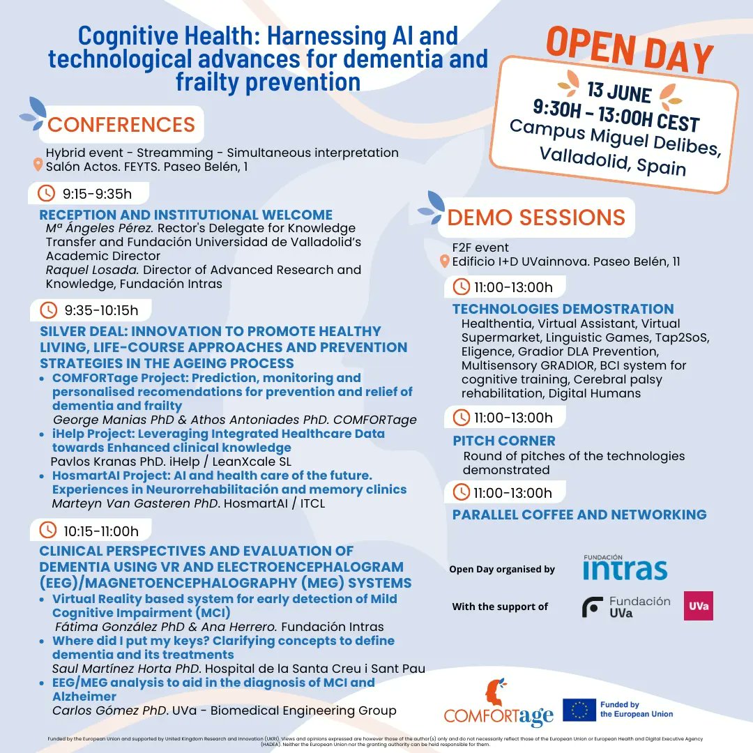 comfortage_eu's tweet photo. Today is the big day!
Here is today's programme. Don't miss it! #COMFORTageopenday #Europeanproject #dementia #frailty #CognitiveHealth #AI #Innovation #Networking #COMFORTageProject #COMFORTage https://t.co/vYloOa9Lp4