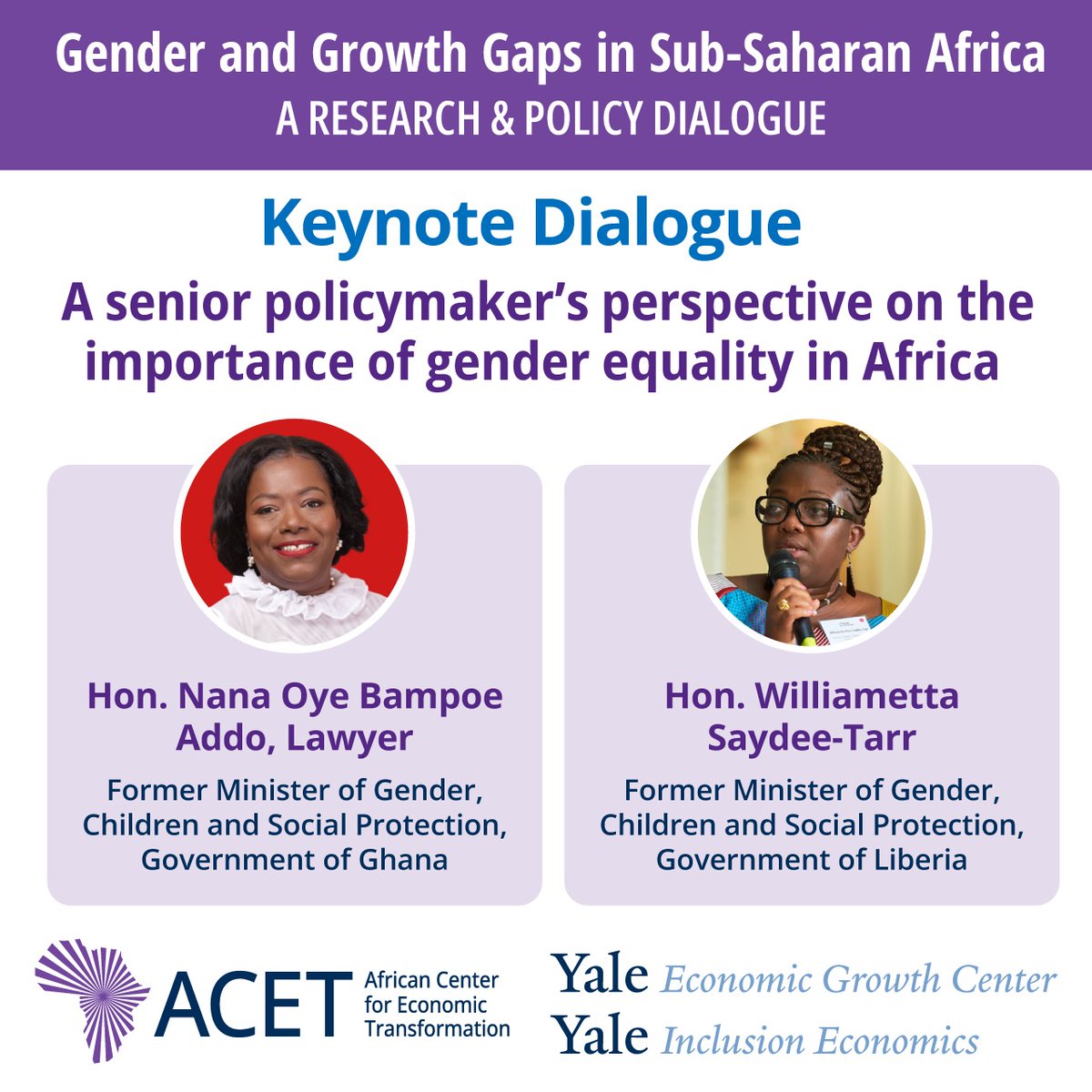📢 Today! Join us for an insightful event on gender equality and economic transformation, hosted by ACET, and <a href="/YaleEGC/">Yale Economic Growth Center</a>. Engage with experts like Hon. <a href="/LakePiso/">Williametta Piso Saydee-Tarr</a>, <a href="/MOGinAfrica/">Mavis Owusu-Gyamfi 🇬🇭🇬🇧🌍</a>, <a href="/NanaOyeBampoe/">Nana Oye Bampoe Addo</a>, and more. 

🕗 8:30 AM to 5:00 PM GMT. 

Join us in-person via online: