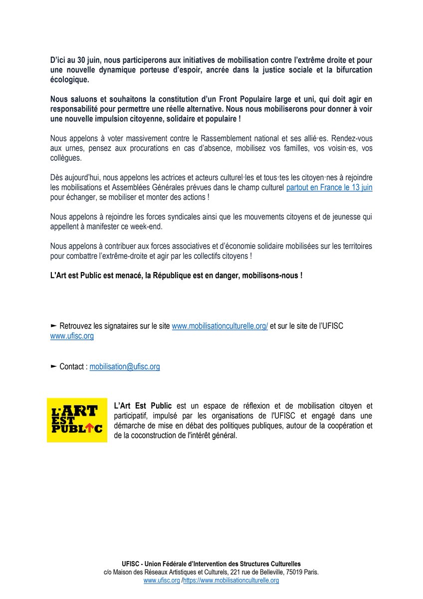 L’heure est à la mobilisation, contre l’extrême-droite bien sûr, mais aussi pour une alternative forte, solidaire et populaire ! 
Rdv sur les AG prévues aujourd'hui : lc.cx/CarteRDVmaijui…
... et dans les rues ce we ! 
► Notre communiqué : mobilisationculturelle.org