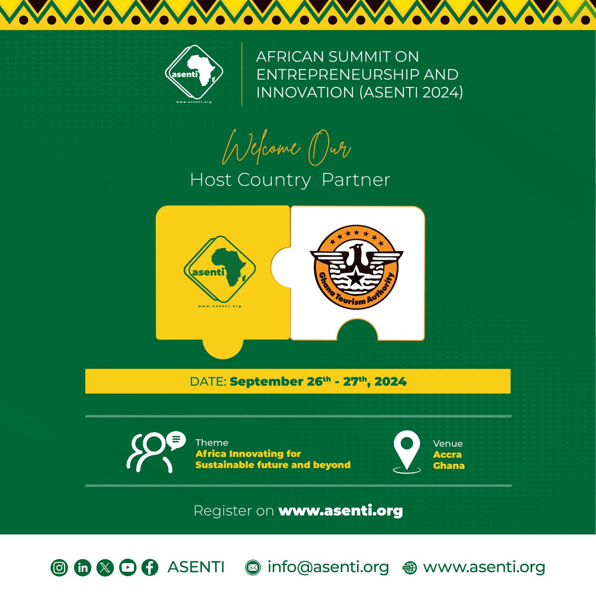 #ASENTI2024 Accra Ghana (@asentike) on Twitter photo We are excited to welcome <a href="/ghanatourismGTA/">Ghana Tourism Authority</a> as host country strategic partner for the 2024 African Summit on Entrepreneurship and innovation ASENTI asenti.org register and join the summit. We are excited to welcome <a href="/ghanatourismGTA/">Ghana Tourism Authority</a> as host country strategic partner for the 2024 African Summit on Entrepreneurship and innovation ASENTI asenti.org register and join the summit.