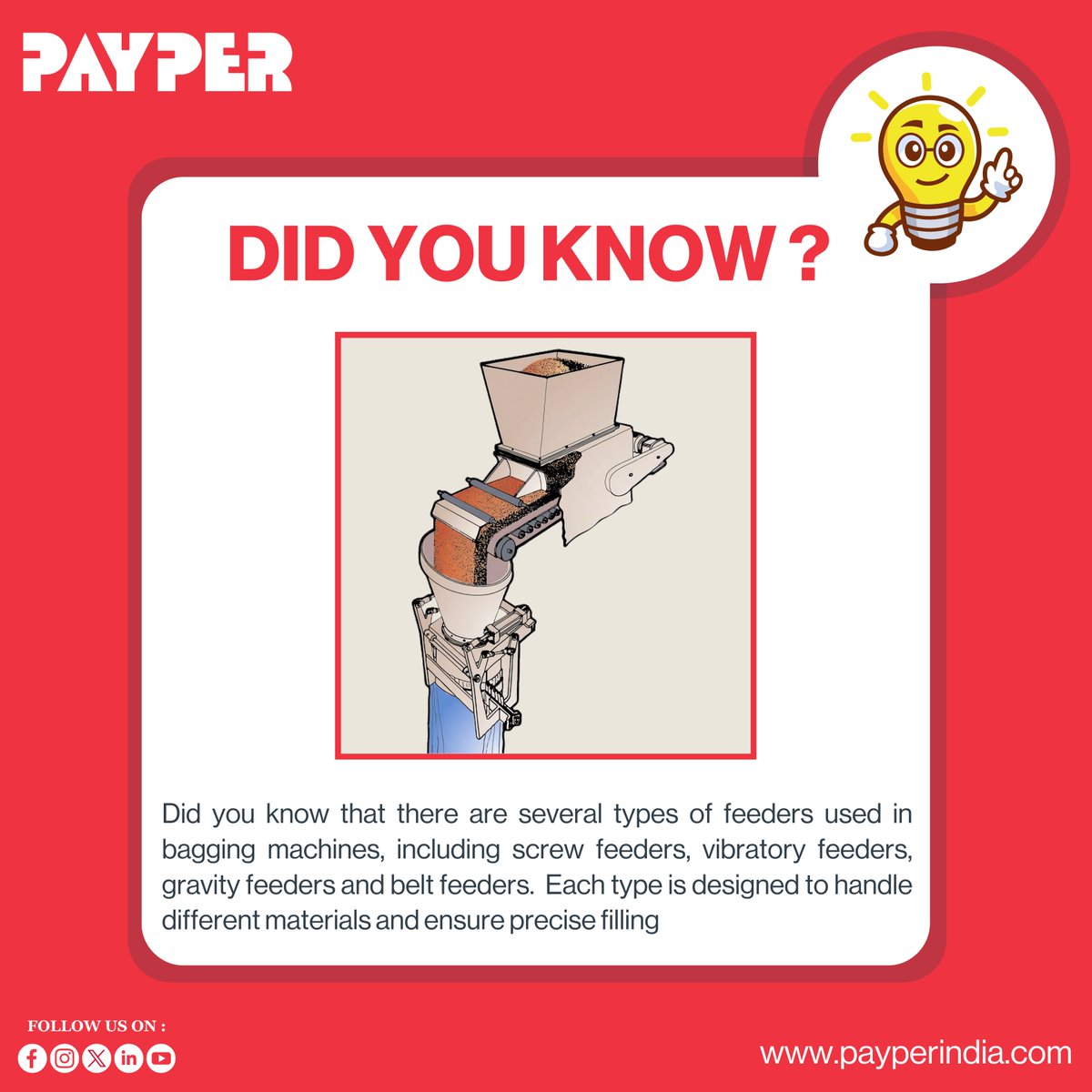 PayperIndia's tweet image. With PAYPER, you&apos;ll find every feeder you need, whether you&apos;re dealing with fine powders or bulk grain !To know more : lnkd.in/dHn2J27c

#Payperindia #Payper #Baggingsystem #PackagingInnovation #BaggingMachines #IndustrialEquipment #feeders