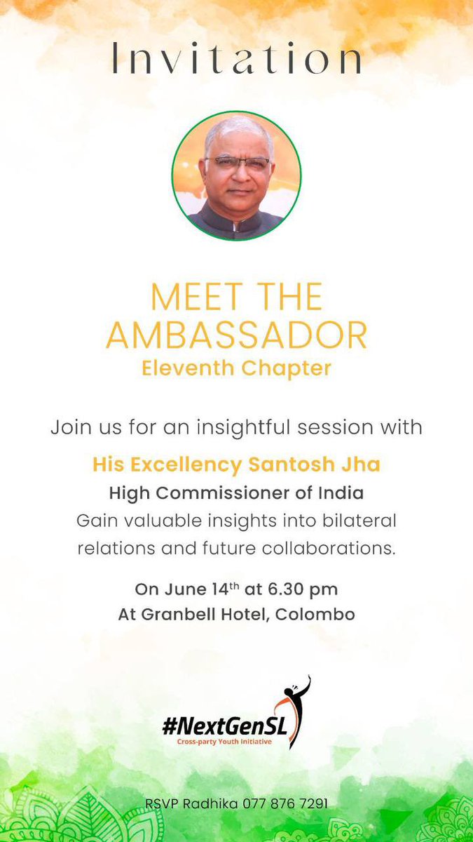 gen_sl's tweet photo. Reserve your seats early! An insightful session with @santjha, the Indian High Commissioner to Sri Lanka. This event is specifically for youth activists so please note that priority will be given to participants who are below the age of 45 #SriLanka #lka https://t.co/TWI8MmHRQP