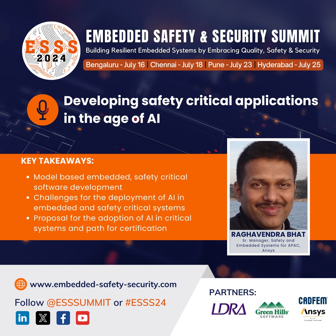 ESSSUMMIT's tweet photo. 🚀 Join the @ANSYS session "Developing #safetycritical applications in the age of #AI” led by Raghavendra Bhat, Sr. Manager, Safety and Embedded Systems for APAC, Ansys, at Embedded Safety & Security Summit 2024 in Bengaluru! Register Now - https://t.co/oi8puxfUYu.
#ESSS24 #AI https://t.co/pwZLrKfGLb