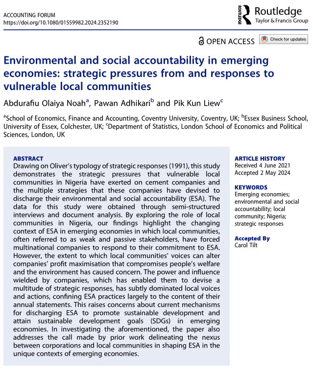 Hot Off the Press in #AccForum! - #Environmental and #social #accountability in emerging economies: strategic pressures from and responses to #vulnerable local #communities by Abdurafiu Noah, Pawan Adhikari &amp; Pik Liew
<a href="/covcampus/">Coventry University</a> <a href="/Uni_of_Essex/">University of Essex</a> <a href="/LSEnews/">LSE</a> 
tandfonline.com/doi/full/10.10…