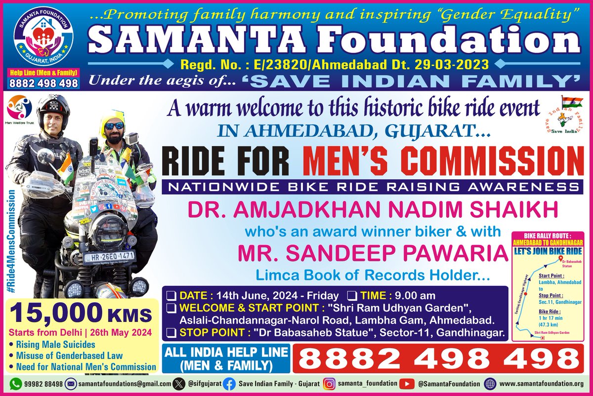We (#SamantaFoundation-Team) are eagerly waiting for Nationwide #Ride4MensCommission to come to Ahmedabad-Gujarat.
#MenOnAMission
#MensIssue
#MensSuicide
#GenderBiasedLaws 
#DomesticViolenceOnMen
#LegalTerrorism 
#ParentalAlienation
#MensHealth
<a href="/MenWelfare/">Men Welfare Trust</a>
<a href="/vaastavngo/">Vaastav Foundation</a>
<a href="/sifgujarat/">Samanta Foundations(SIF Gujarat)</a>