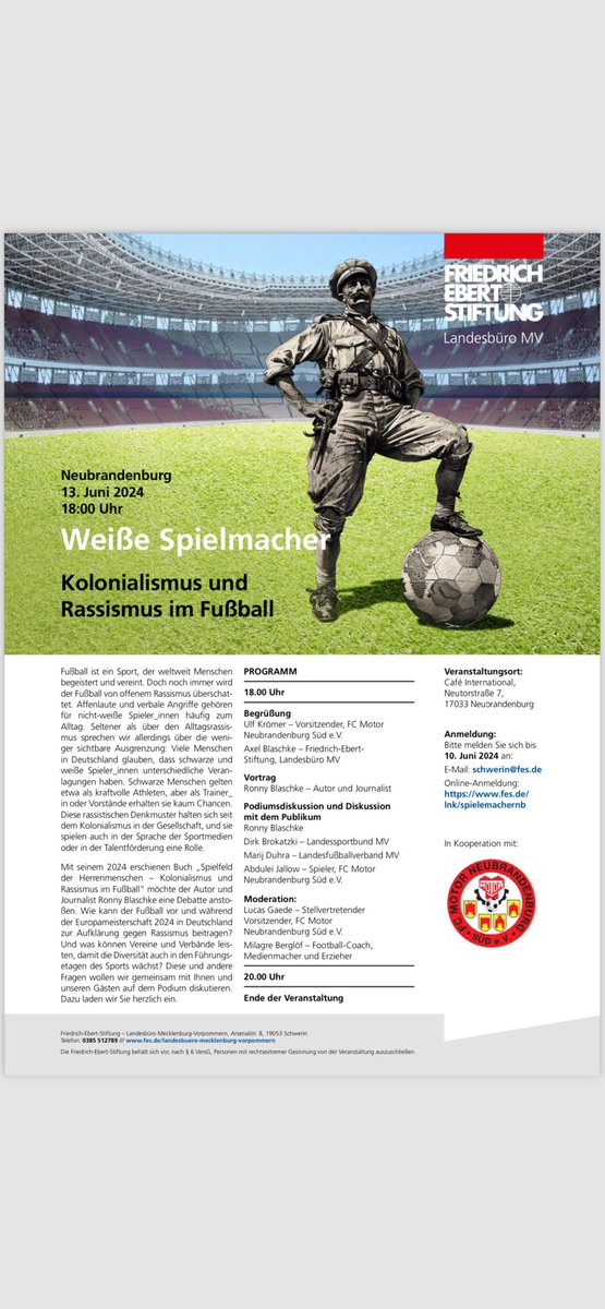 FCMotorNBGDSued's tweet photo. Heute Abend ist es soweit!
Gemeinsam mit der Friedrich Ebert Stiftung und dem Journalisten Ronny Blaschke führen wir im Café International in Neubrandenburg die Veranstaltung 
Kolonialismus und Rassismus im Fußball ⚽️ durch.
Kommt gerne vorbei! https://t.co/ra6X1eUAsC