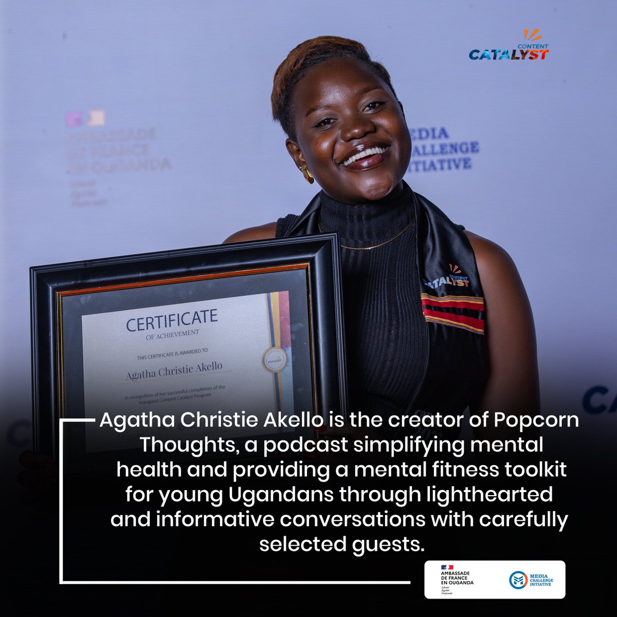 IMChallengeug's tweet photo. With 7 episodes and 1,800 listeners in 6 months, @akellosworld's first season of Popcorn Thoughts podcast is now available on @afripods.
Watch highlights of her grand finale live recording episode at https://t.co/Lz2SnhfEVN.
The #ContentCatalyst23 program is in partnership with the @FrenchEmbassyUg.