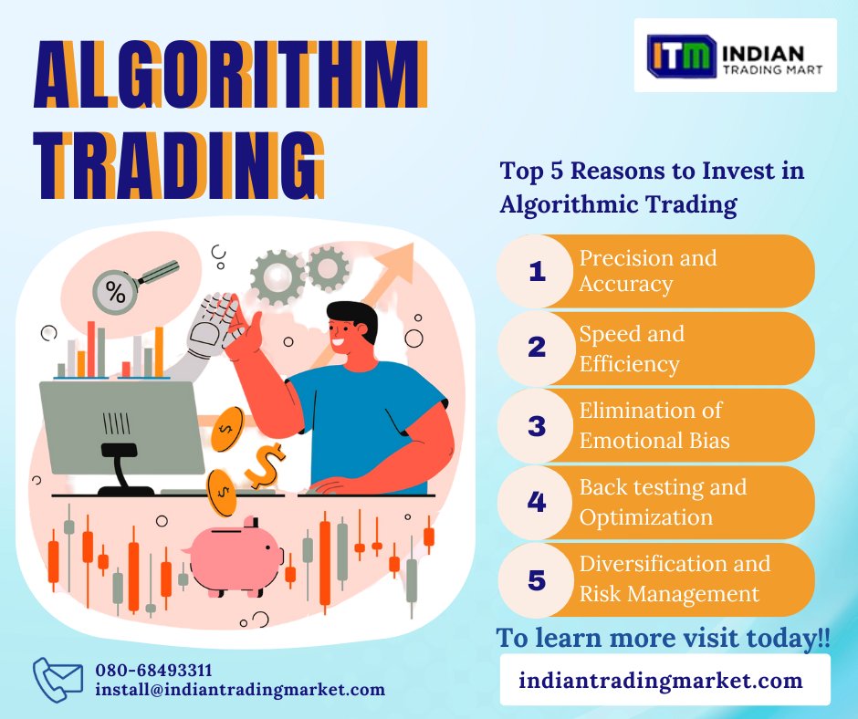 indiantrad09's tweet photo. Top 5 Reasons to Invest in Algorithmic Trading
1) Precision and Accuracy
2) Speed and Efficiency
3) Elimination of Emotional Bias
4) Backtesting and Optimization
5) Diversification and Risk Management
To learn more visit today!!
Website: https://t.co/u6CnzGG1ip
#AutomatedTrading https://t.co/yz3IPeEjDn