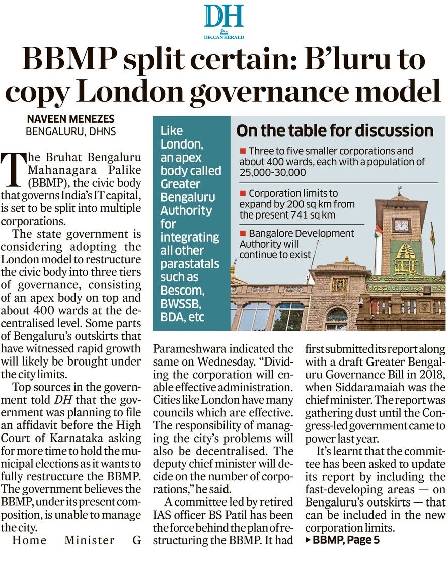 naveenmzs's tweet photo. Splitting of BBMP into multiple corporations is almost certain
The state govt has decided to file an affidavit before the High Court, seeking more time to hold municipal body election as it wants to restructure BBMP.
Govt believes #BBMP is unable to manage #Bengaluru https://t.co/58ZpQabpCg