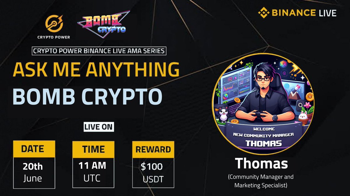 🔊We Are Pleased To Announce Our Exclusive #BINANCE_LIVE  AMA With BOMB CRYPTO🚀🚀

Set Reminder : binance.com/en/live/video?…

🗓 Date: 20th June, 2024
⏰Time: 11:00 AM UTC 

💰Rewards: $100 USDT

🏘Venue: binance.com/en/live/u/2980… 

🔰Rules:

1️⃣ Follow : <a href="/BombCryptoGame/">Bomb Crypto (BCOIN)</a> &amp;