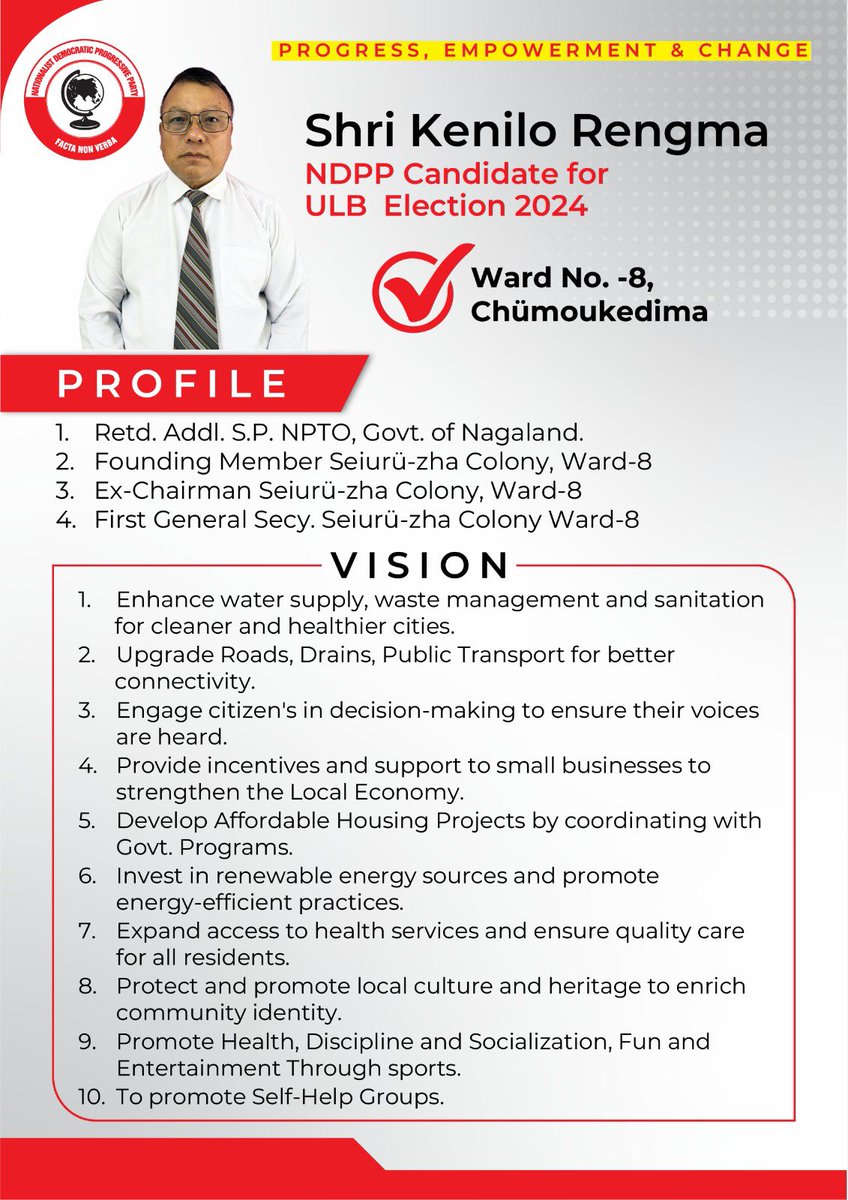 ILoveTseminyu's tweet photo. Vote for Shri Kenilo Rengma, @NDPPofficial Candidate for ULB Election 2024 from Ward 8, Chümoukedima for Chümoukedima Town Council (CTC).

“Progress, Empowerment &amp; Change.”

@Neiphiu_Rio @PresidentNDPP @abumetha @SecyGeneralNDPP @GenSecyNDPP @r_khing https://t.co/adHxnJoNDw
