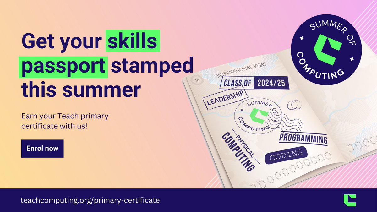 WeAreComputing's tweet image. Primary teachers, it's your time to shine this #SummerofComputing! Start your journey with our Primary certificate to:
โ๏ธ  develop your knowledge and skills
๐  gain confidence to teach great lessons
โ๏ธ  take an active role in the computing community
๐ ncce.io/primarycertifiโฆ