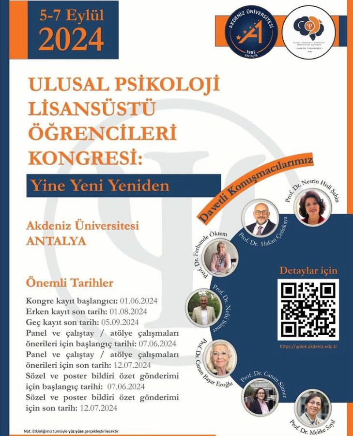 DUYURU 📣 

5-7 Eylül tarihleri arasında Akdeniz Üniversitesi’nde Ulusal Psikoloji Lisansüstü Öğrencileri Kongresi düzenlenecektir. 

Daha fazla kişiye ulaşması için beğenip retweet yapabilir misiniz ?

Daha detaylı bilgi için uplok.akdeniz.edu.tr/tr