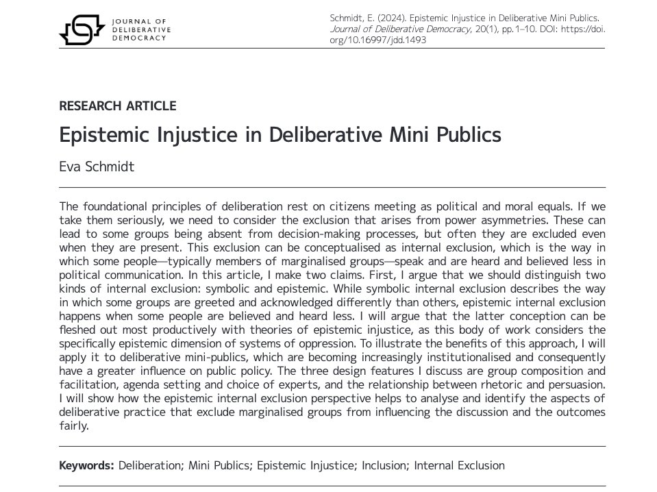 Journal of Deliberative Democracy (@delibdemjournal) on Twitter photo Hot off the press! 📰
Eva Schmidt @IfPol_WWU <a href="/uni_muenster/">Universität Münster</a> considers the foundational principles of #deliberation and fleshed out epistemic internal exclusion in #deliberative #minipublics using epistemic injustice theory
👉delibdemjournal.org/article/id/149… Hot off the press! 📰
Eva Schmidt @IfPol_WWU <a href="/uni_muenster/">Universität Münster</a> considers the foundational principles of #deliberation and fleshed out epistemic internal exclusion in #deliberative #minipublics using epistemic injustice theory
👉delibdemjournal.org/article/id/149…