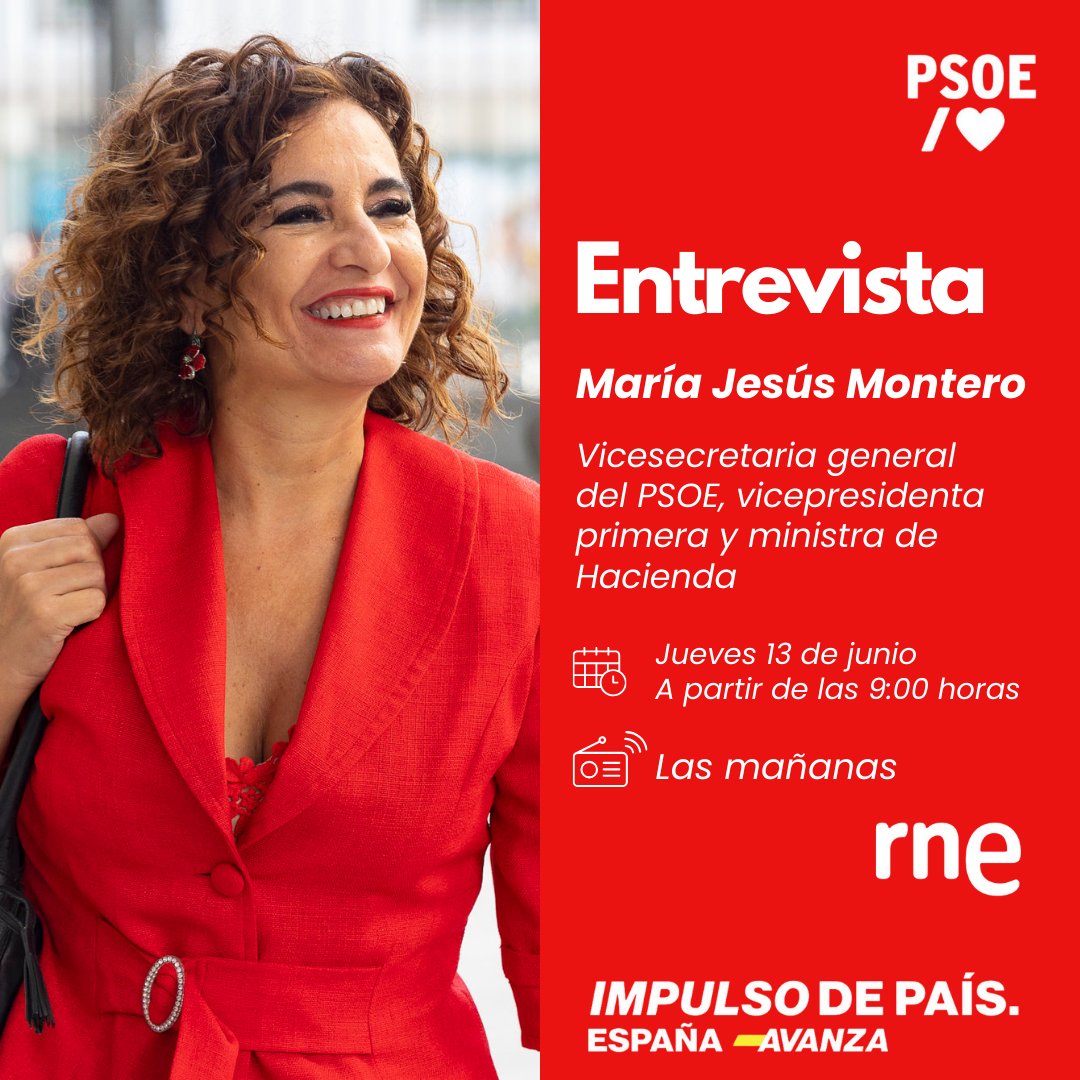 PSOE's tweet photo. 🌹¡Buenos días!

No te pierdas la entrevista a @mjmonteroc, vicesecretaria general del PSOE, vicepresidenta primera y ministra de Hacienda.

⏰A partir de las 9:00 en @LasMananas_rne.

▶ Síguela en directo aquí 

https://t.co/FIeTvKzg63 https://t.co/qWg6xCL0sJ