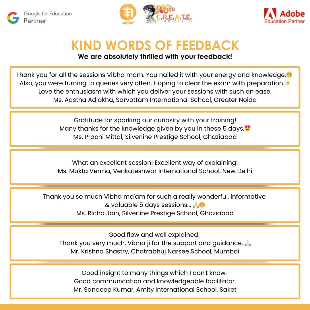 mahattattva's tweet photo. Mahattattva's Google Certified Educator Level 1 Summer Bootcamp, led by @vibhapuri, just concluded! Over five days, teachers gained in-depth knowledge of Google Workspace for Education tools.
#GoogleCertifiedEducator
#GoogleWorkspace #ProfessionalDevelopment #SummerCamp https://t.co/lIgy90CNON