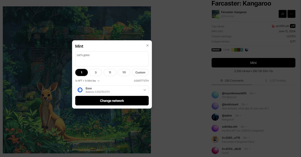 🚨Important Farcaster mint🚀

I just minted this official Farcaster Kangaroo NFT

Raised: $180M, valued at 1B💰

🔥Mint here:
zora.co/collect/zora:0…
🔥Add a comment 

📝It's a collection of different animals that will probably be important for the eligibility criteria.

This