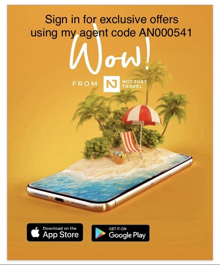 BeachDirect's tweet photo. Download my WOW Travel App today, sign up using my exclusive Agent Code AN000541 to receive WOW offers for you &amp; your family not available on the high street inc school holidays &amp; honeymoon destinations 🏖️✈️🥂
Annette Webb Travel Expert +44 7415 160889 WhatsApp https://t.co/DpGm9ooY2V