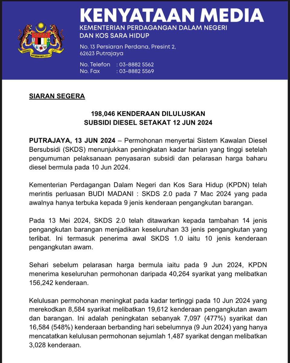 KPDNPerak's tweet photo. [ 𝗞𝗘𝗡𝗬𝗔𝗧𝗔𝗔𝗡 𝗠𝗘��𝗜𝗔 ]
198,046 KENDERAAN DILULUSKAN SUBSIDI DIESEL SETAKAT 12 JUN 2024
Putrajaya | 13 Jun 2024 | Khamis
#KPDN
#MalaysiaMADANI
#SKDS2.0
#RahmahItuBerkat
#KosSaraHidup
#diesel
#OPSKESAN2.0 https://t.co/BwPtFGGjgR