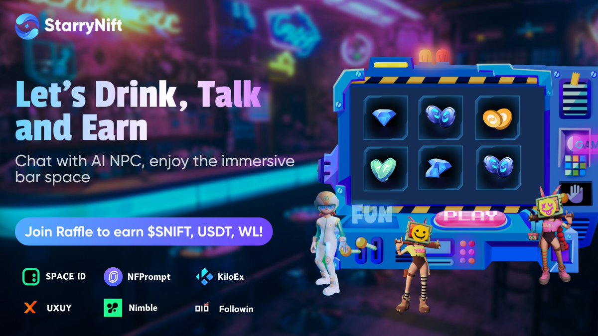 StarryNift's tweet photo. 😍Spice up your #StarryAI Alliance Carnival experience!

🎉From June 13 to June 30, join the festivities with over $10,000 worth of prizes in $SNIFT, #USDT, #NFTs, and #Points!

🍺Grab a refreshing cocktail, mingle with adorable #AI #NPCs, and vote for your favorites to get #lottery for the lucky draw!

🎫Boost lotteries by free-minting a #Citizenship or inviting friends to #StarryVerse!

🎆Adventure here: https://t.co/prD2etB8qT and let the carnival begin!

🔍More details and rules: https://t.co/qMp8vU7k8r
