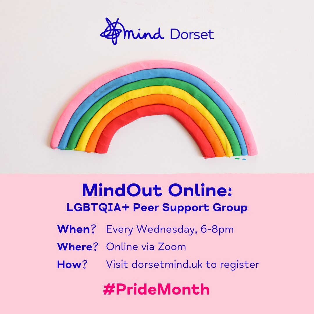 MindOut is a safe, confidential &amp; accepting space for LGBTQIA+ people experiencing #mentalhealth issues. 

We deliver support weekly, online &amp; in person.
🌈Find out more: bit.ly/DM_MindOut

#LGBTQIA #Support #DorsetMind #Dorset #PrideMonth
<a href="/weymouthGayGrp/">Weymouth Gay Group</a> <a href="/drandymayers/">Dr Andy Mayers💡</a>