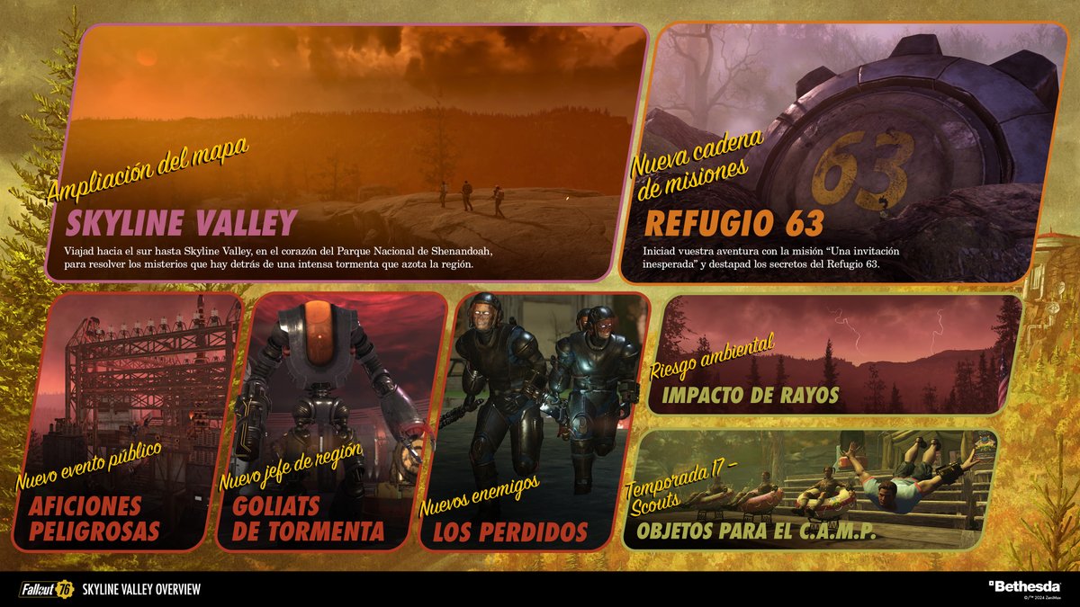 bethesda_ESP's tweet photo. ¡Ya está aquí Skyline Valley! #Fallout76

🗺 Explorad la ampliación del mapa
📃 Participad en nuevas misiones
🦃 Enfrentaos a nuevos enemigos y criaturas

🔗 https://t.co/h7jNn1WzJx https://t.co/YeHy390nq4