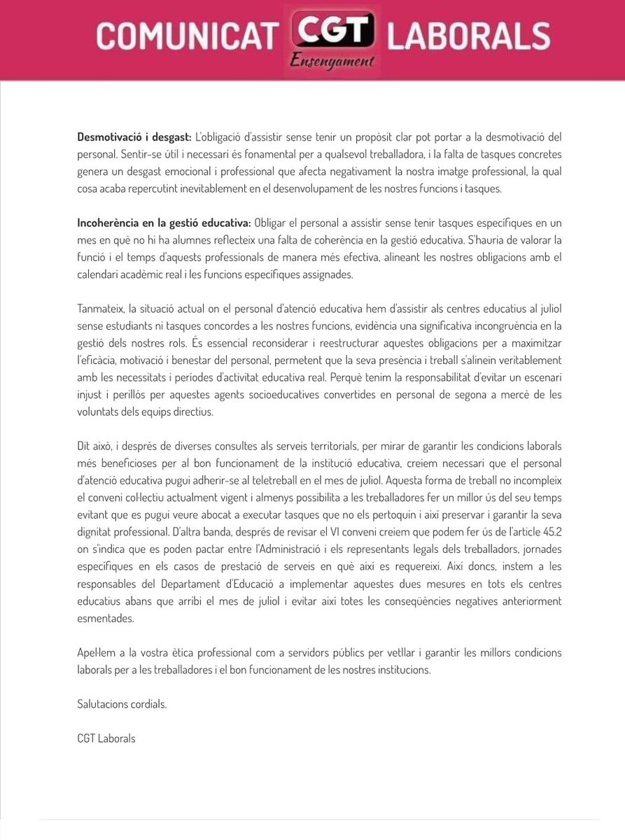CgtLaborals's tweet photo. Per un JULIOL de FORMACIÓ, enviem una carta al cap de RRHH del personal laboral @Matias_Rayo d'@educaciocat. Esperem la seva resposta🕰️

📣PROU‼️a la  PRECARIETAT del #PAE

PER DIGNIFICAR LA NOSTRA FEINA I LES NOSTRES CONDICIONS LABORALS‼️

#JuntesSomMésFortes
#LaLluitaContinua https://t.co/Zk9uIrnLVu