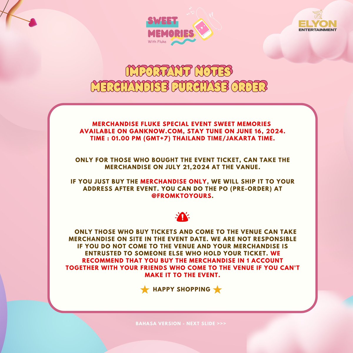 ElyonManagement's tweet photo. Merchandise Fluke Special event Sweet memories available on https://t.co/eoQ9ptc3hI

Stay tune on June 16,2024
Time : 01.00 p.m (GMT+7) Thailand time/Jakarta time.

Happy shopping ✨

#sweetmemorieswithflukeinjakarta #เจ้าแก้มก้อน https://t.co/KDtXJ1xr4v