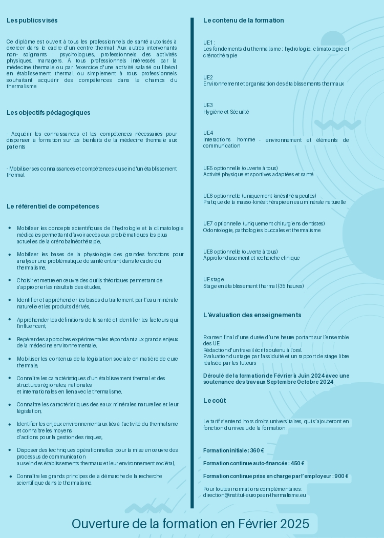 [DU Santé et Thermalisme]
🔥 Les auditions pour vous inscrire au Diplôme Universitaire (DU) Santé et Thermalisme sont ouvertes !
✅Envoyer votre CV et votre lettre de motivation à l'adresse suivante : direction@institut-europeen-thermalisme.eu
#DUSantéetThermalisme #Santé #Nancy